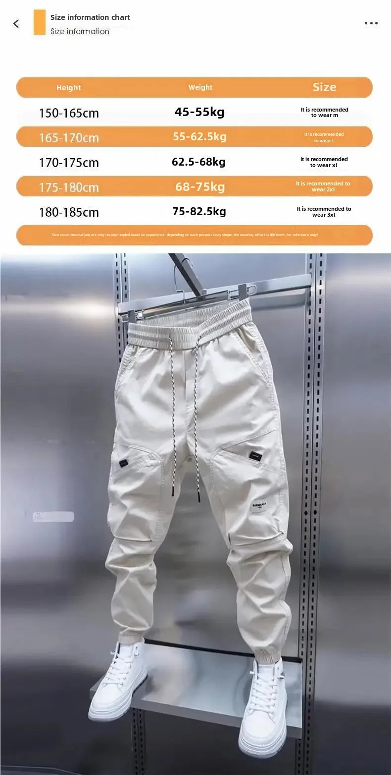2024 Men's Autumn New Casual Pants Solid Color Elastic Waist Ankle Length Versatile Korean Style Fashionable Small Foot Cargo Pa