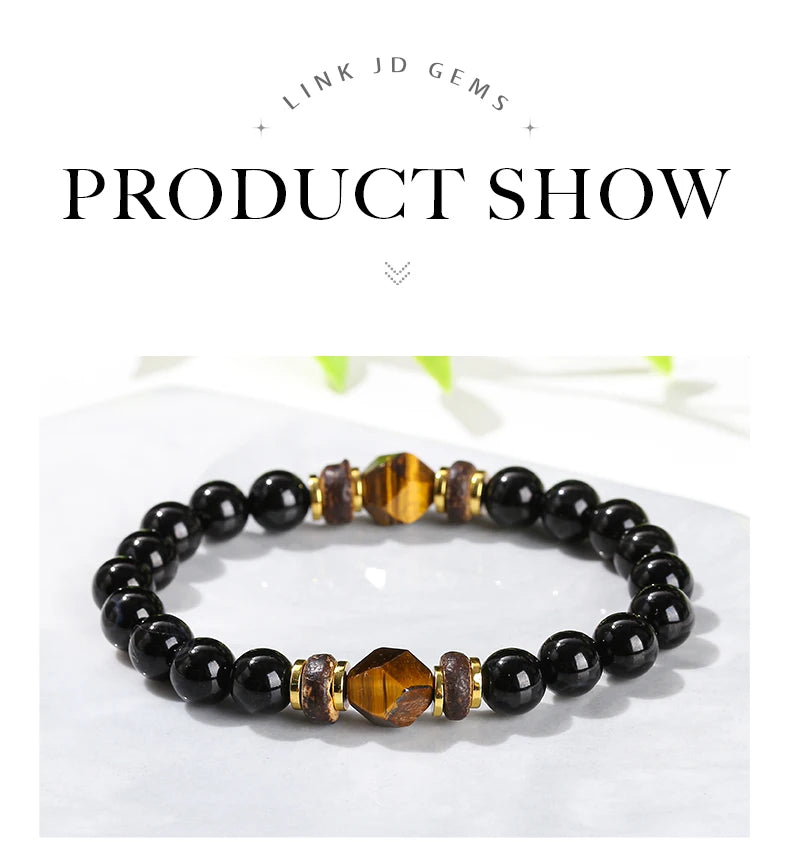 JD Natural Stone Black Agate Yellow Tiger Eye Faceted Bead Strand Bracelet Women Men Bohe Style Yoga Healing Energy Jewelry