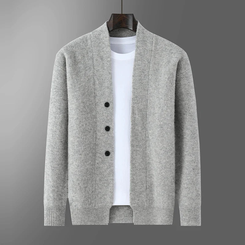 2025 Autumn Winter New Thick Cardigan 100% Pure Wool Men's Versatile Jacket V-Neck Loose Casual Highend Knitted Cashmere Sweater