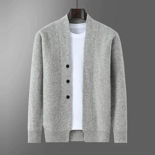 2025 Autumn Winter New Thick Cardigan 100% Pure Wool Men's Versatile Jacket V-Neck Loose Casual Highend Knitted Cashmere Sweater