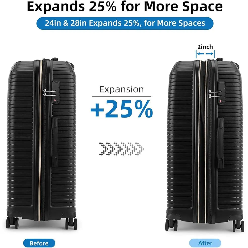 Expandable 5-Piece Spinner Suitcase Set, Durable Carry-On Luggage for Men and Women, Black