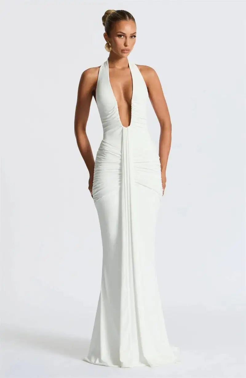 Deep V Neck Draped Ruched Sexy Maxi Dress Women Summer Fashion Halter Sleeveless Backless Club Party Long Dress Elegant BM98