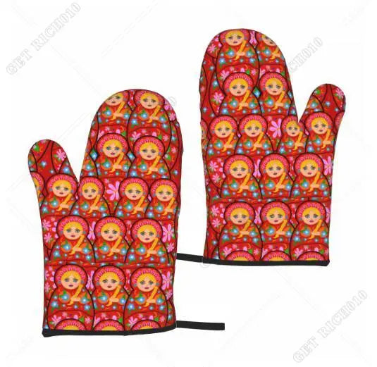 Fashion Print Russian Babushka Matryoshka Doll Set of 2 Kitchen Gloves Women Men Oven Gloves Heat Resistant for BBQ Cooking