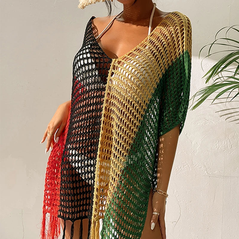Knitted Contrast Tassel Bikini Summer Beach Cover Up Sexy Hollow Out Women V Neck Loose Beachwear Sunscreen Smock