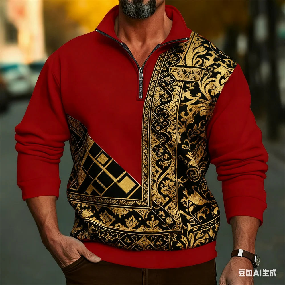 Men's Vintage Classic Print Zipper Sweatshirt Fashion Outdoor Street Casual Long Sleeve Pullover Autumn Winter Half Zip Clothing