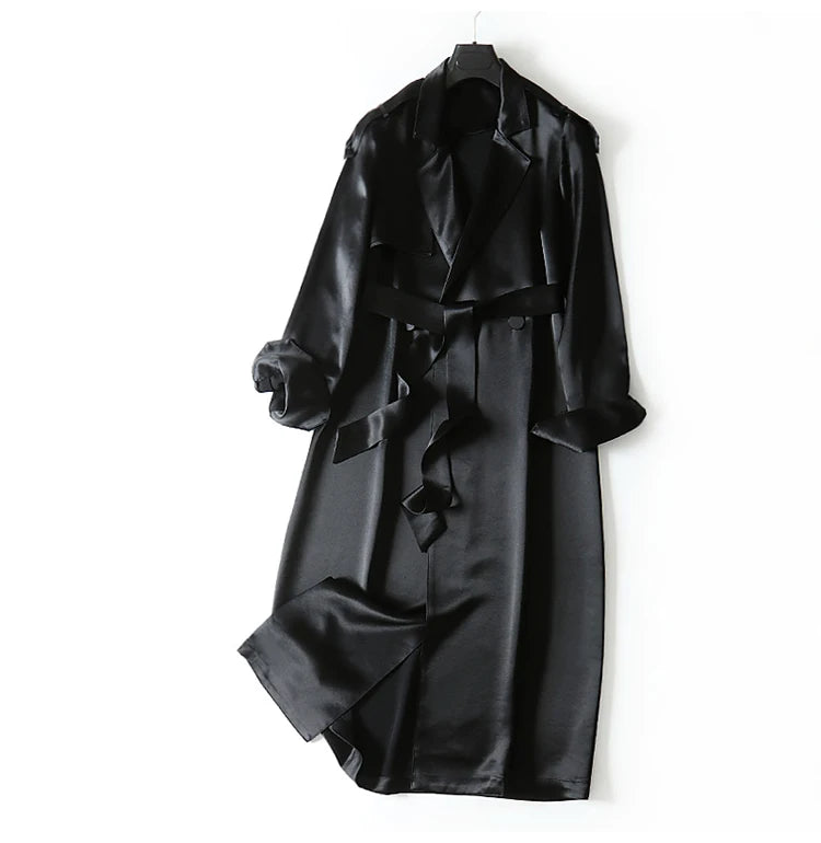 Lautaro Spring Autumn Long Soft Luxury Elegant Flowy Satin Acetate Trench Coat for Women High Quality Chic British Fashion 2022