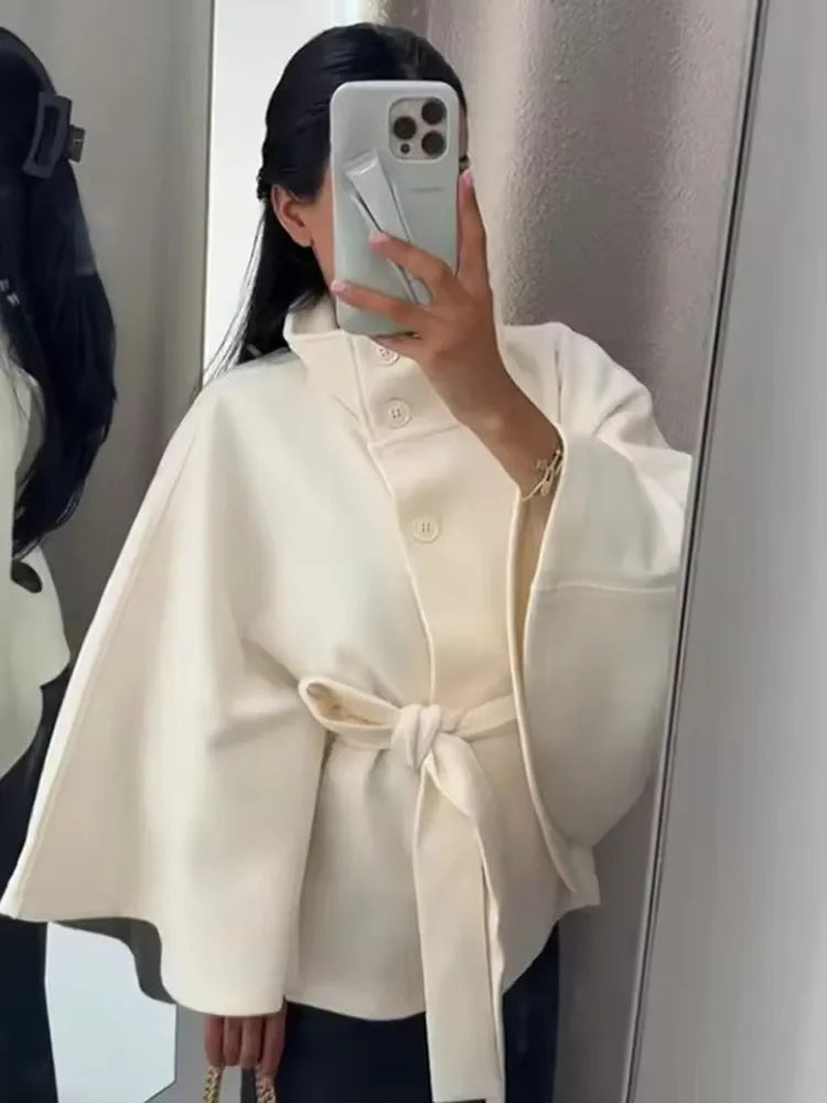 2026 New Lace Up High Neck Jackets For Women Belt Faux Wool Blends Cape Coats Autumn Winter Warm Elegant Cloak Coat Ladies