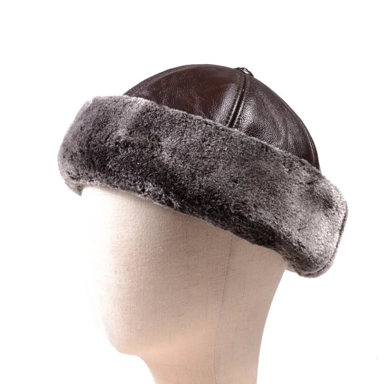 Winter Warm Hats For Men Outdoor Thick Genuine Leather Faux Fur Round Bonnet Russian Male Windproof Snow Ski Cap Fleece Lined