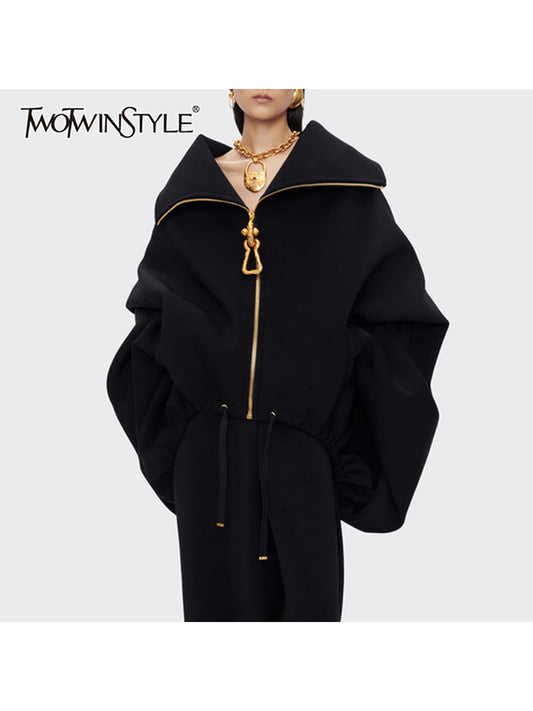 TWOTWINSTYLE Solid Loose Spliced Zipper Fashion Jackets for Women Lapel Long Sleeves Patchwork Lace Up Casual Jacket Female New