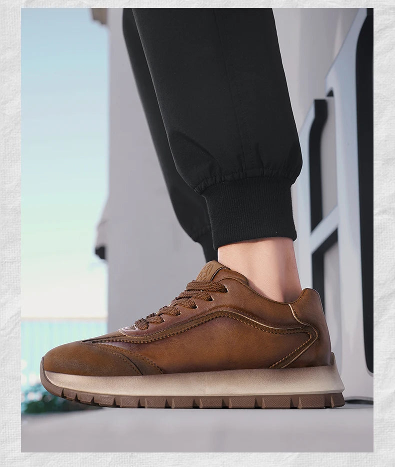 Classic Leather Casual Sneakers Men Comfortable Men's Spring Autumn Sneakers Platform Shoes Lace Up Brown Black Footwear 2025
