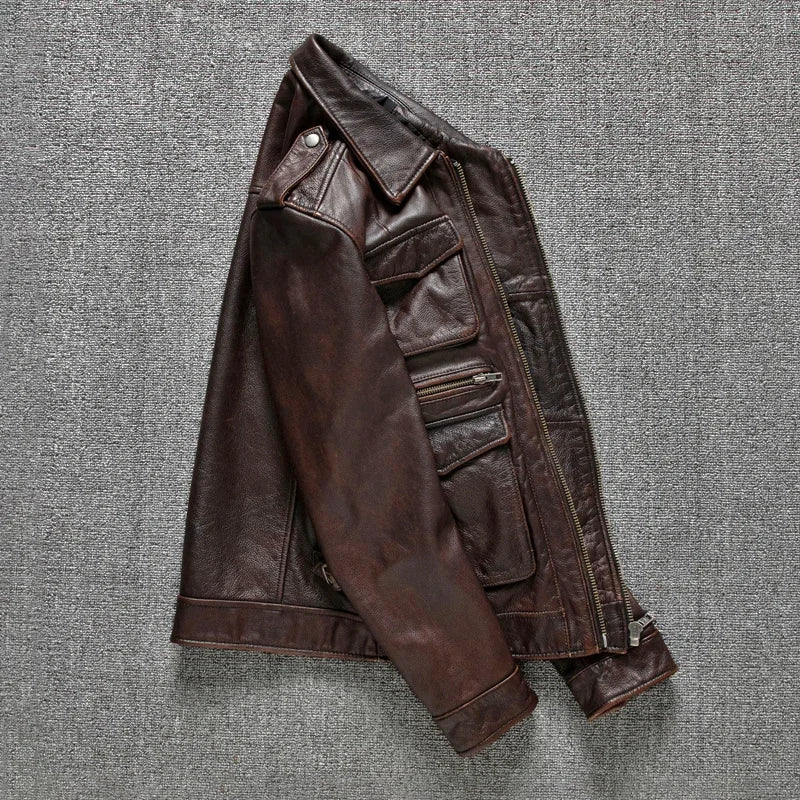 Heavy Industry M65 Hunting Cowhide Leather Jacket Men's Tooling Vintage Red Brown Genuine Leather Coats Plus Size