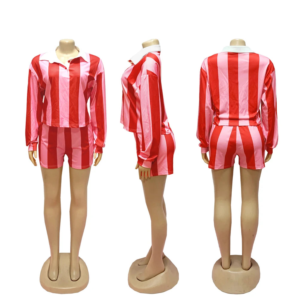 Women's Clothing Fashion Striped Sets Long Sleeve Polo-Neck T Shirt and Shorts 2025 Spring Summer 2 Two Piece Set Tracksuit