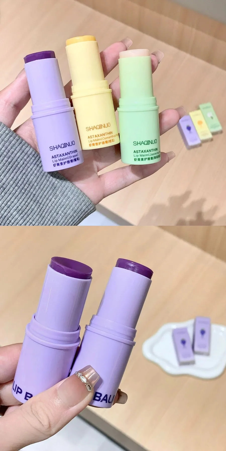 3-Color Lip Balm - Osmanthus, Jasmine Tea, and Grape Scents ,lip care, hydrating and nourishing