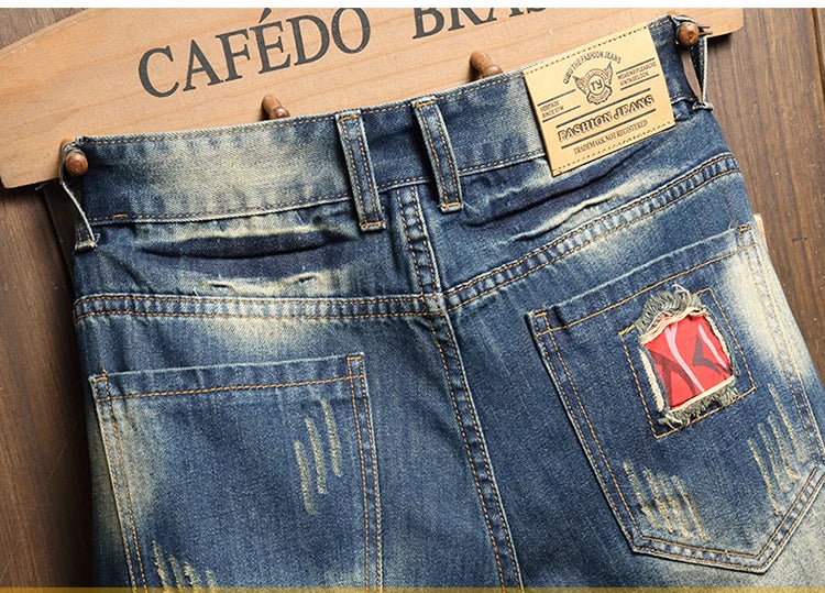 2025 Summer Ripped Denim Shorts Men's Loose Splicing Knee-length Casual Short Jeans Personality Streetwear Hip Hop Male Clothes