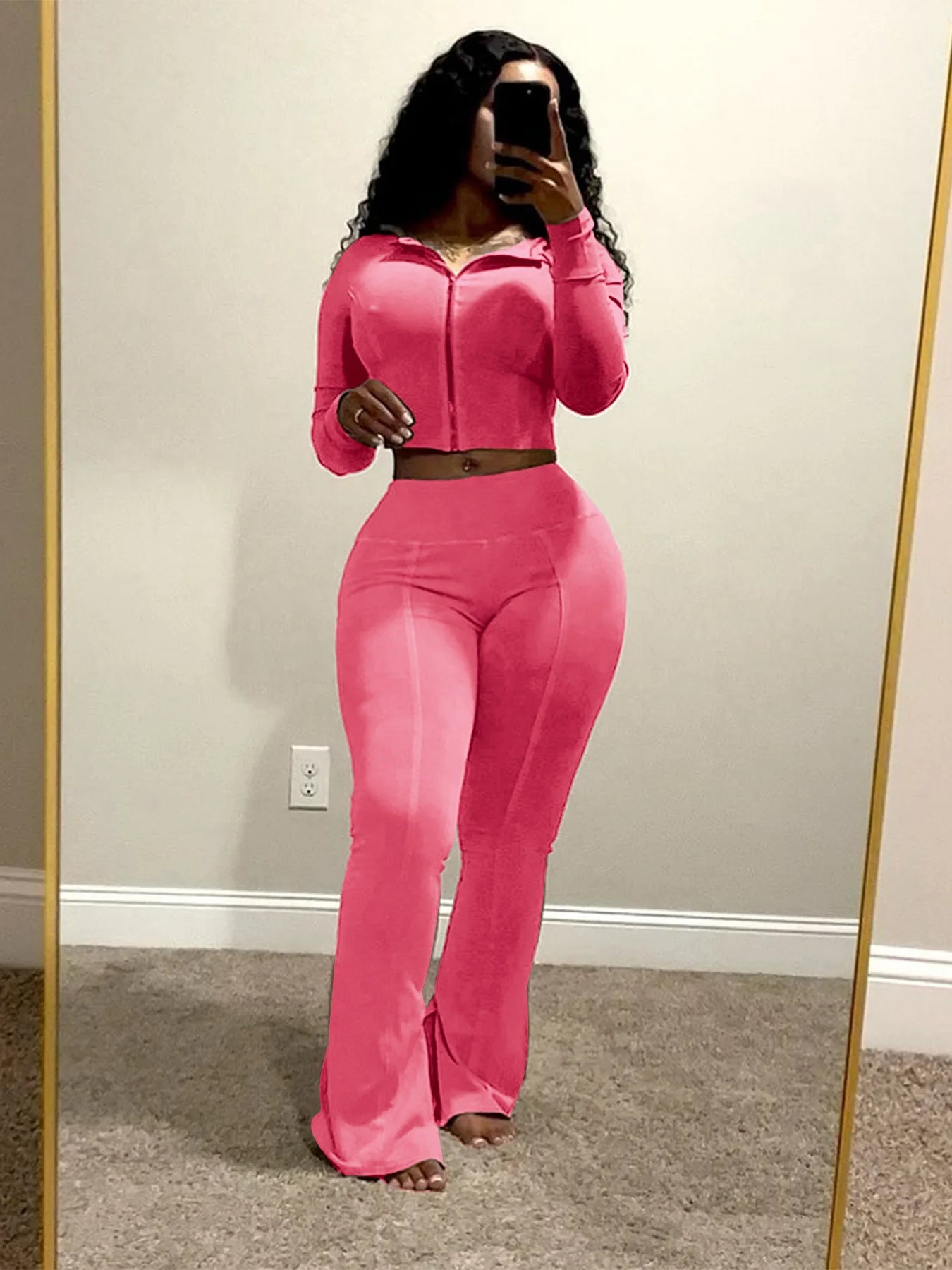 CM.YAYA Fashion Women's Set Long Sleeve Hooded Jacket and Slit Hem Flare Pants 2024 Fitness Two 2 Piece Set Outfits Tracksuit