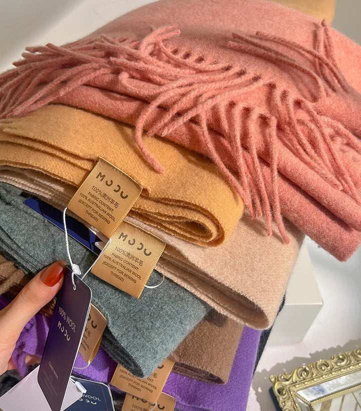 Fashion 100% Wool Scarf Soft Solid Color Scarf for Women Versatile Warm Winter Scarf Thicken Knitted Shawl Simple Tassel Scarves
