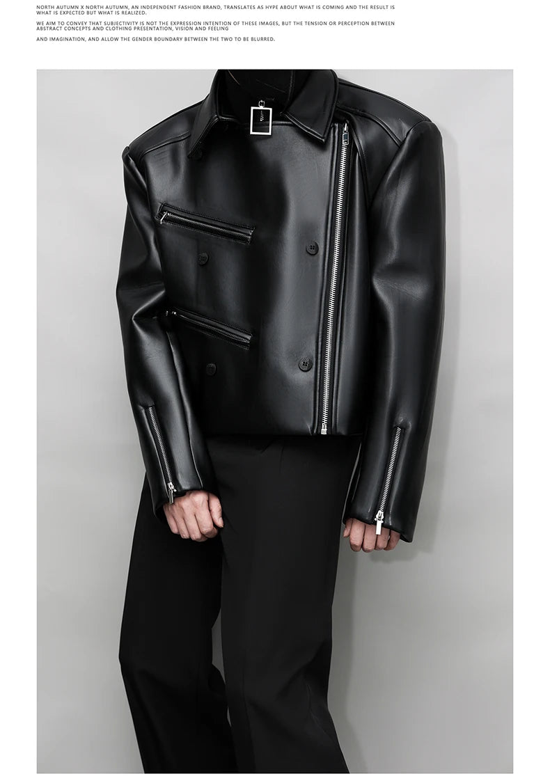 Mauroicardi Spring Autumn Oversized Cool Pu Leather Jacket Men Long Sleeve Stand Collar High Quality Luxury Designer Clothes