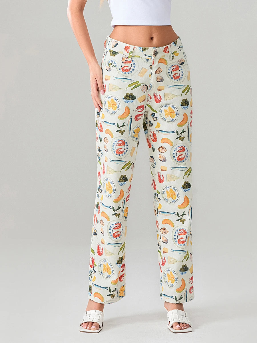 Women Y2k Fruit Print Jeans Pants Graphic Print High Neck Straight Leg Denim Pants Aesthetic Jeans Summer Streetwear