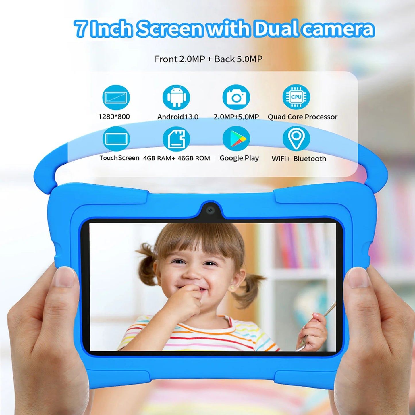 BDF-K3 Kids 7 Inch Android Tablets Quad Core 4GB+64GB ROM Cartoon Portable with Kids-Proof Protective Case Best Gift for Childre