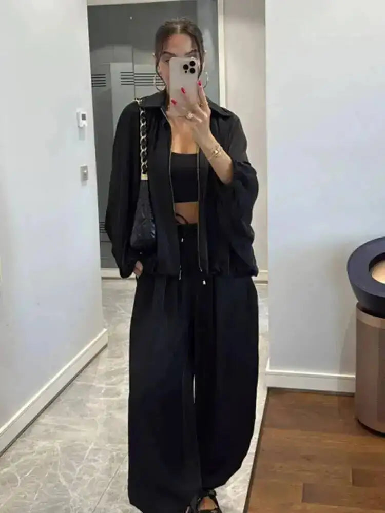 LGRQ Women's Casual Two-piece Set Fashion Lapel Long Sleeved Cardigan Jacket Elastic Waistband Tied Pants 2026 Summer 19DB1008
