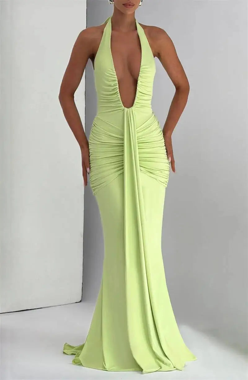 Deep V Neck Draped Ruched Sexy Maxi Dress Women Summer Fashion Halter Sleeveless Backless Club Party Long Dress Elegant BM98