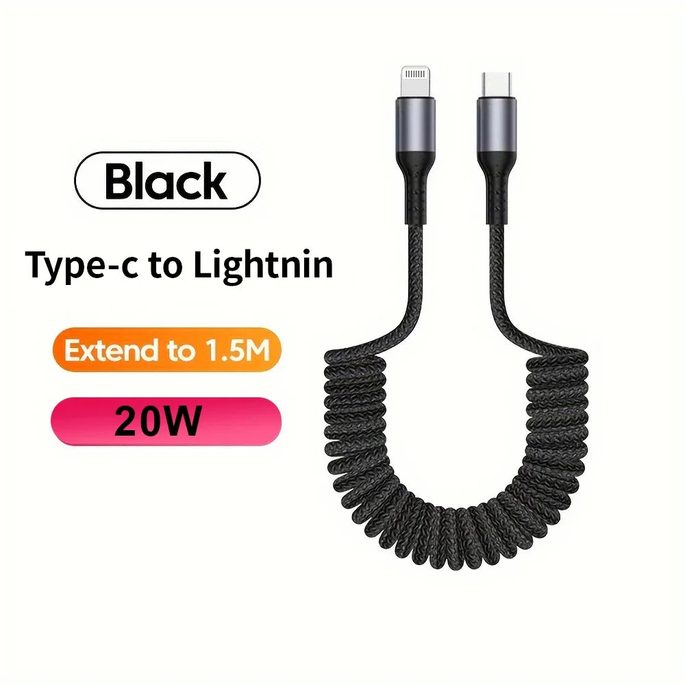 Spring Car Charger Cord 3A Fast Charging USB Cable For iPhone 14 11 12 13 Pro X XS Max 6 7 8 Plus SE iPad Data Wire