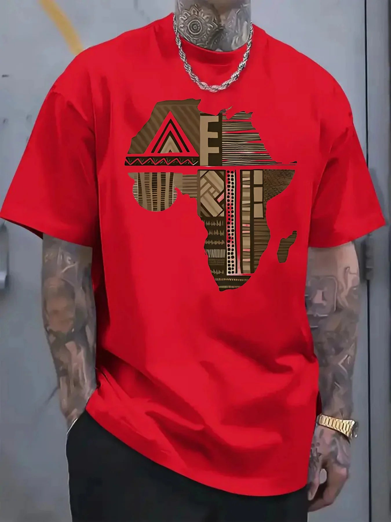 Men'S Plus Size White T-Shirt with Africa-Inspired Golden Print -  Comfort Fit Lightweight Breathable