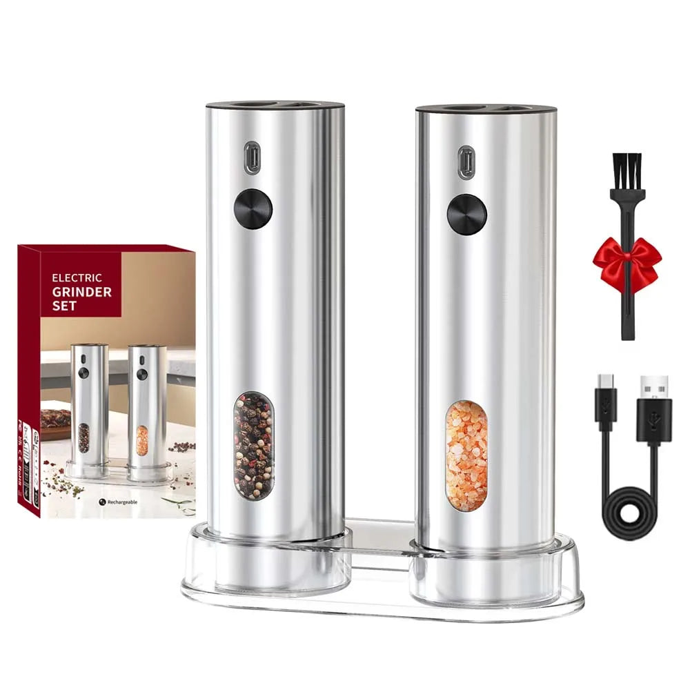 Rechargeable Electric Salt and Pepper Grinder Set Stainless Steel Pepper Mills Adjustable Coarseness Power Grinder Kitchen Tools