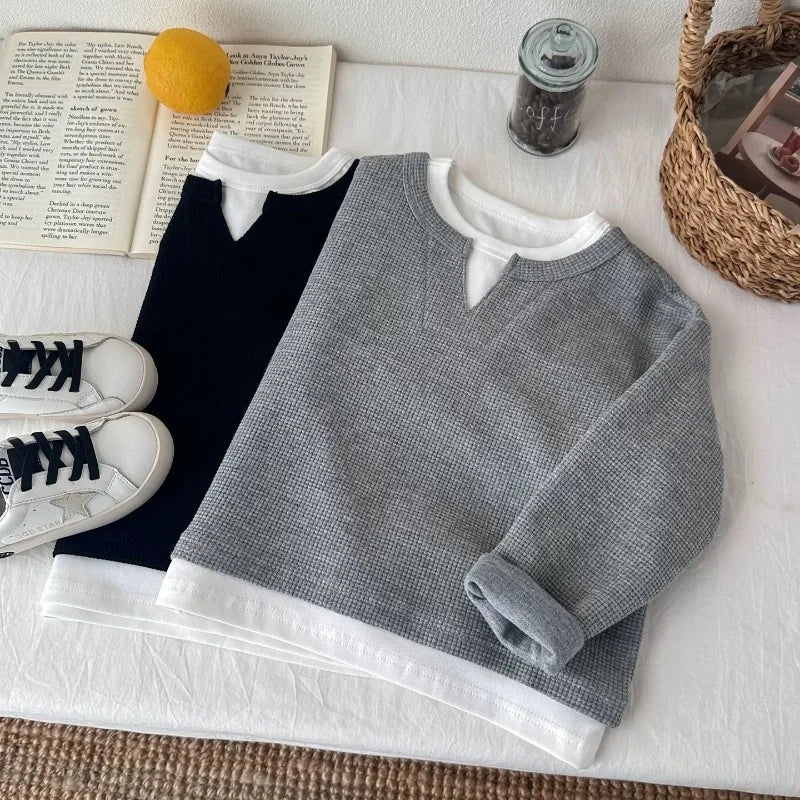 Babys Boys Waffle Grid Long Sleeved V-neck T-shirt Spring Autumn 2025 Pullover Cotton Hoodie Kids Handsome Fake Two Items Tops