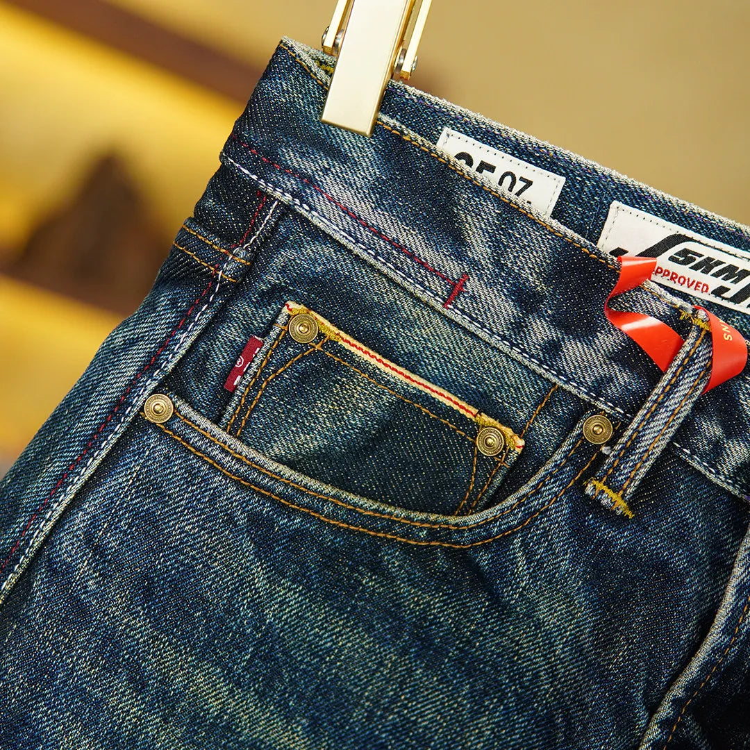 Heavyweight 25oz Red Selvedge Denim Jeans for Men American Vintage Casual 100% Pure Cotton Regular Straight Trousers 5KM Winter
