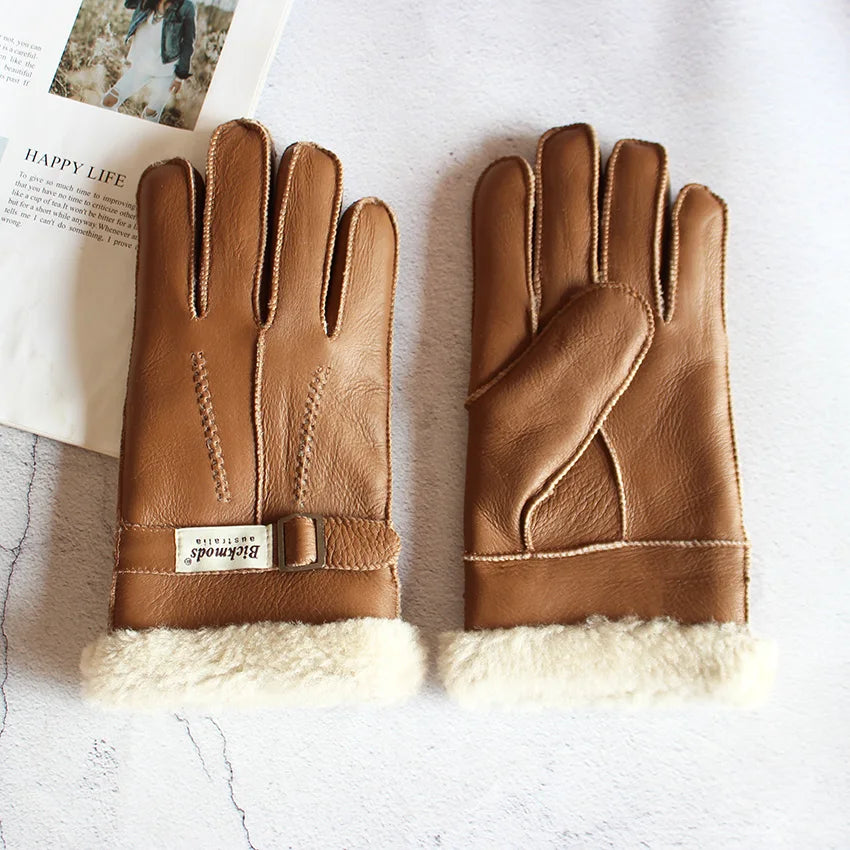 Sheepskin Fur Gloves Men's Thick Winter Warm Large Size Outdoor Windproof Cold Hand Stitching Sewn Leather Finger Gloves