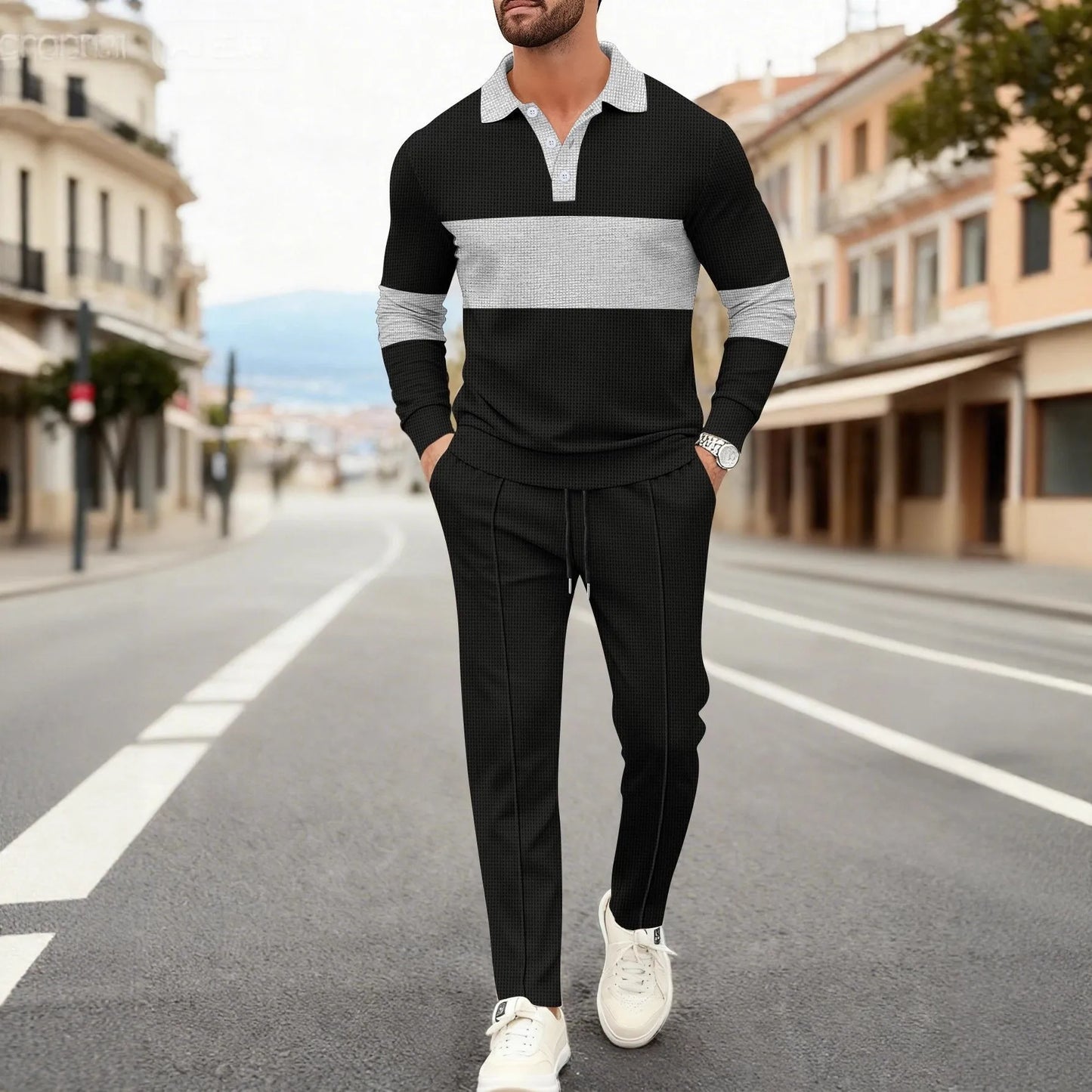 Men's Fashion 2-Piece Outfit Waffle Knit Polo Neck Top & Straight Leg Pants Set Casual Sporty Color Block Tracksuit