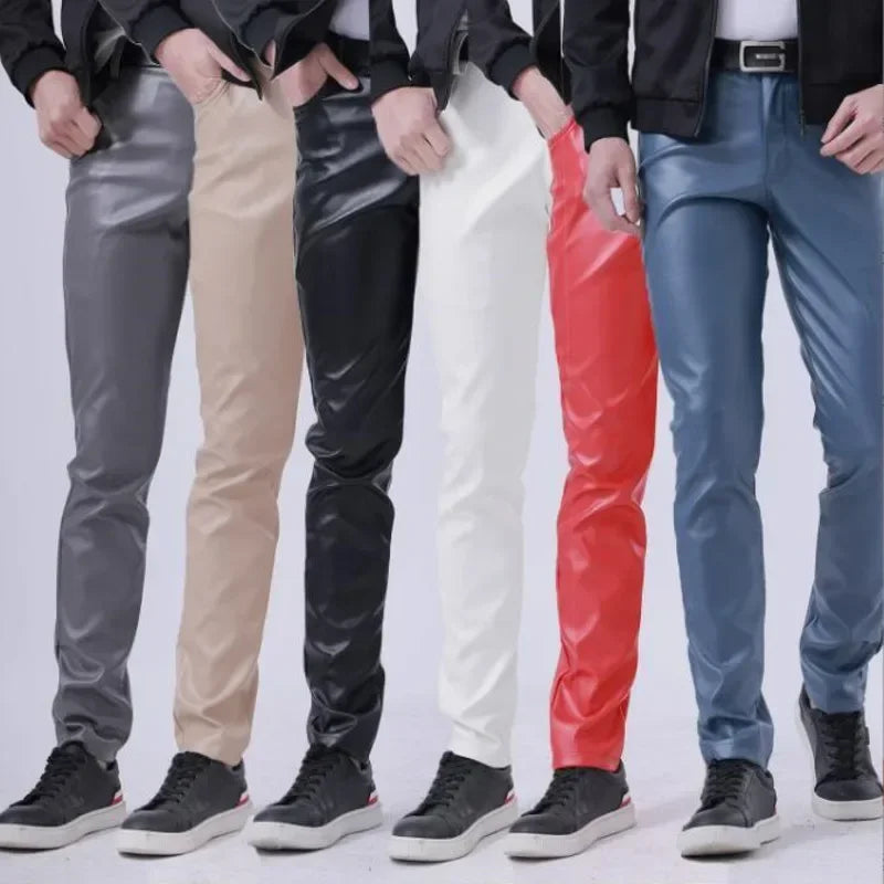 Spring Autumn Stretch Skinny Faux Leather Pants Men Black White Red Blue Khaki Grey PU Pants Plus Size 40 Men Joggers