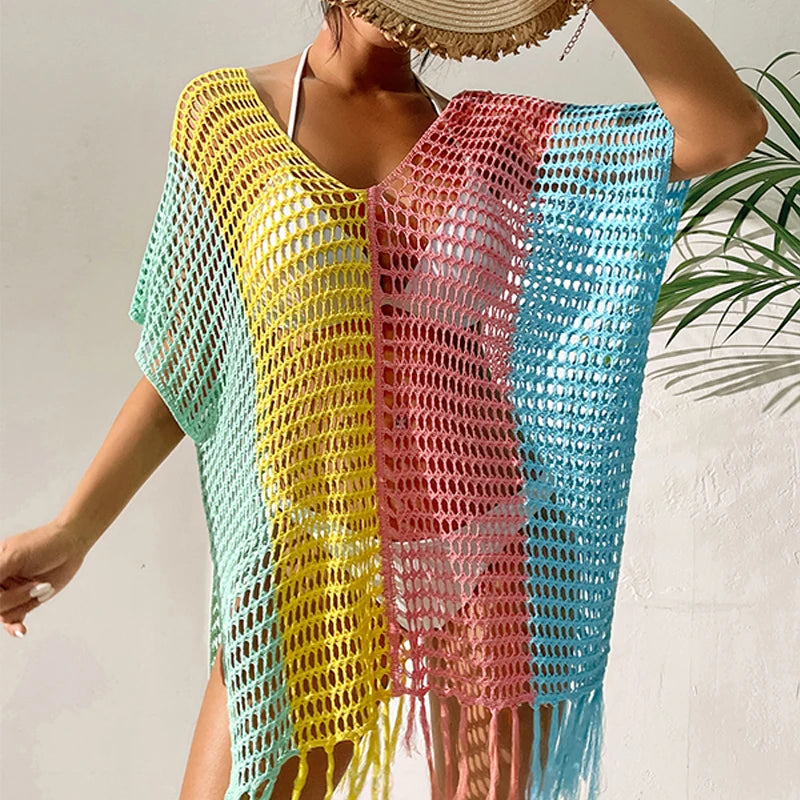 Knitted Contrast Tassel Bikini Summer Beach Cover Up Sexy Hollow Out Women V Neck Loose Beachwear Sunscreen Smock