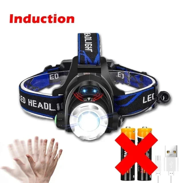 Ultra Bright White Laser LED Headlight Wave Sensing Zoom Flashlight Rechargeable Outdoor Night Fishing Head Mounted Headlight