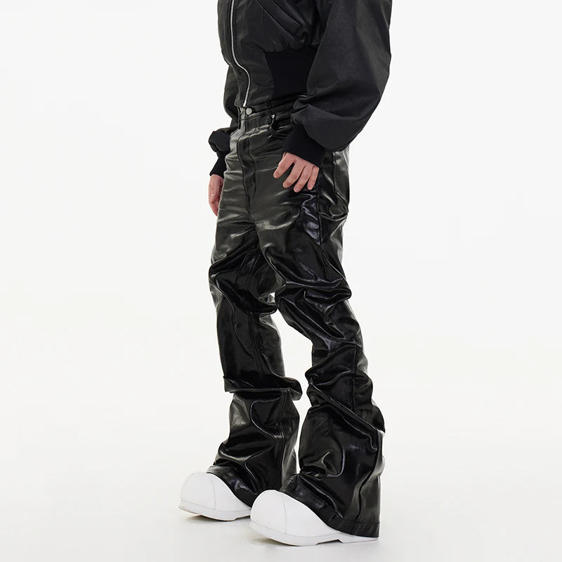 PFNW New Spring Men's Jeans Loose Wide Leg Coating Glossy Patent Leather Straight Male Denim Pants Niche Style 2025 12C509