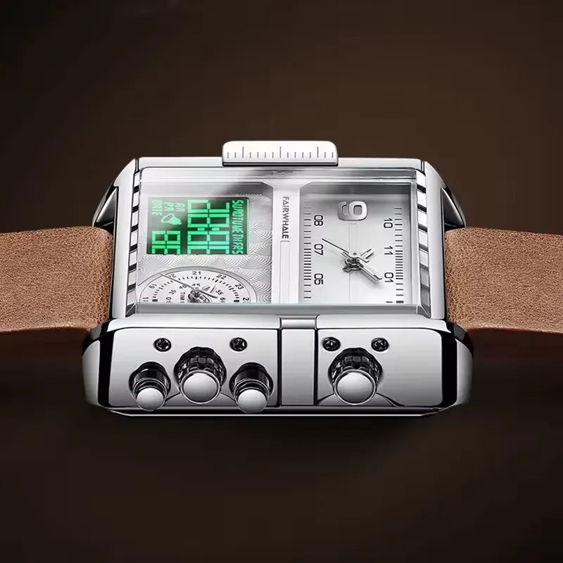 Mark Fairwhale 4270 Retro Square Men's Electronic Digital Dual Display Waterproof Night Light Leisure Men's Clock reloj hombre
