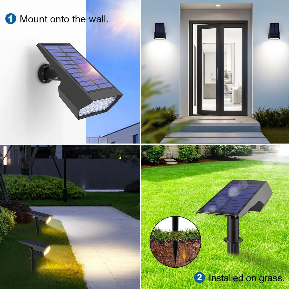 Dimmable LED Solar Spotlight With Monocrystalline Silicon Solar Panel Fast Charge For Outdoor Landscape Wall Pathway Garden Yard