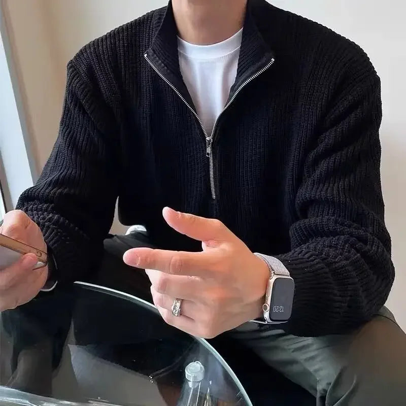American Fashion Brand Design Korean Style Stand Collar Half Zipper Sweater Men's Temperament Versatile Knitted Sweater