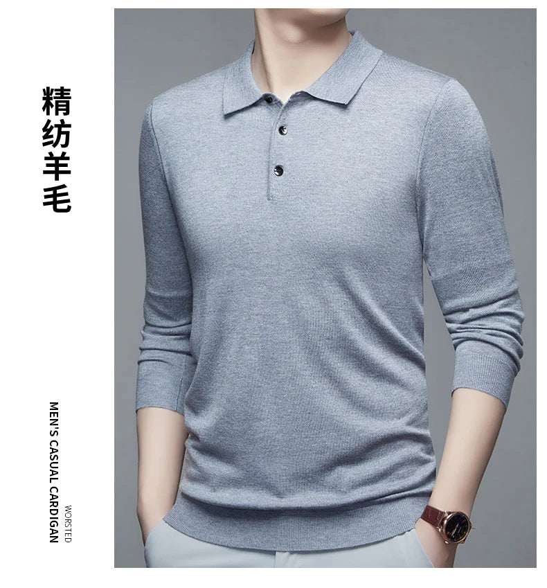 Men's Fine Wool Sweater Polo Collar Pullover Spring Autumn New Cashmere Knitwear Smart Casual Loose Men's Shirts Warm Soft Tops