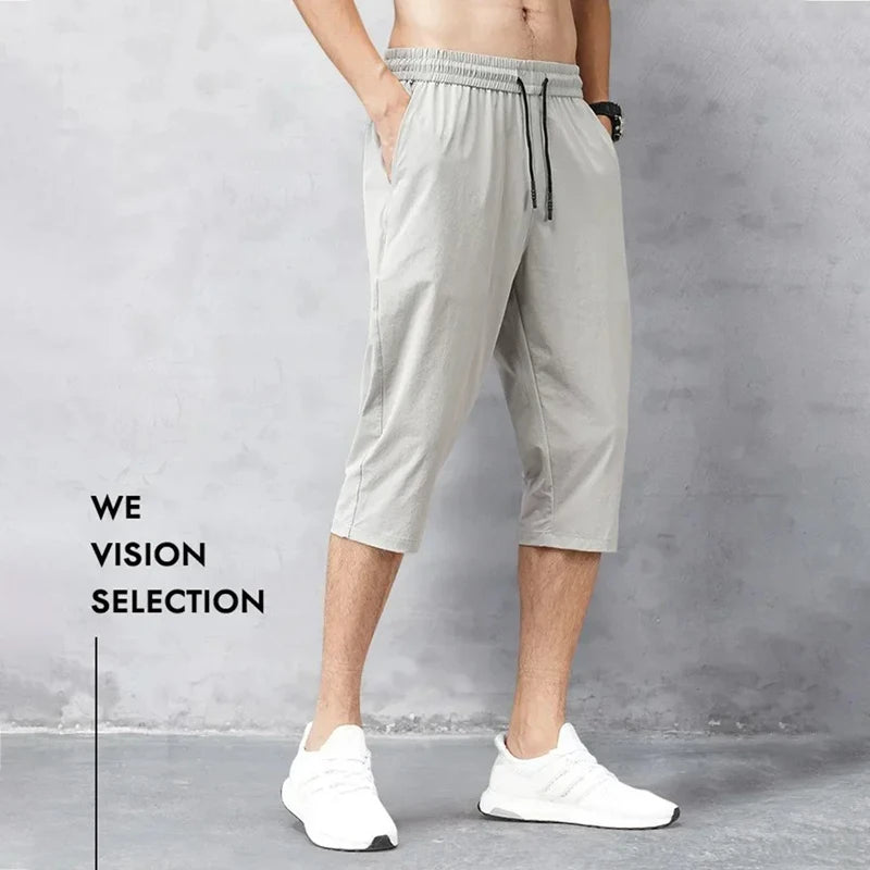 8XL 3/4 Length Men's Shorts Quick Drying Ice Silk Sport Shorts Summer Breeches Long Calf Bermuda Board Beach Elastic Big Size