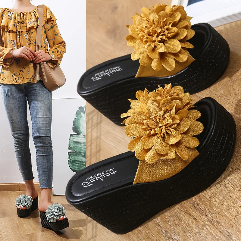 2025 Wedges Sandals Women Slippers Summer Beach Platform Shoes Flower Slippers Women High Heel Slippers Women Fashion