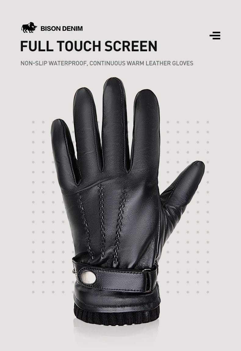 BISON DENIM Sheepskin Leather Gloves For Men Autumn Winter Touch Screen Gloves High Quality Warm Full Finger Men Mittens Driving