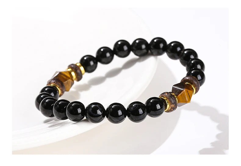 JD Natural Stone Black Agate Yellow Tiger Eye Faceted Bead Strand Bracelet Women Men Bohe Style Yoga Healing Energy Jewelry