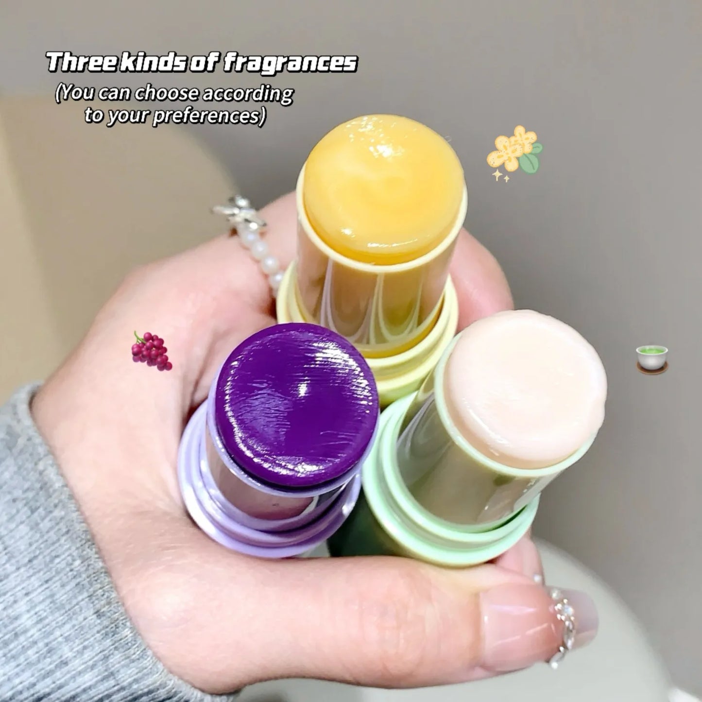 3-Color Lip Balm - Osmanthus, Jasmine Tea, and Grape Scents ,lip care, hydrating and nourishing