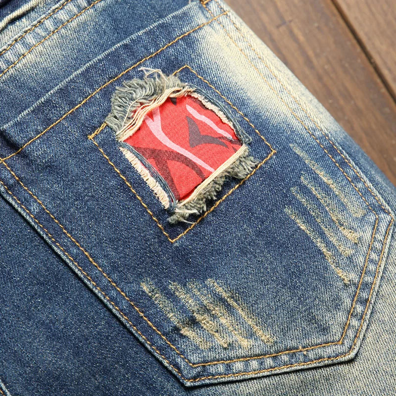 2025 Summer Ripped Denim Shorts Men's Loose Splicing Knee-length Casual Short Jeans Personality Streetwear Hip Hop Male Clothes