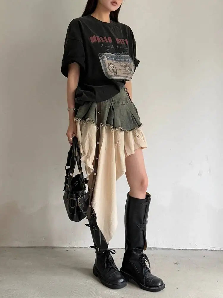 EAM Color-block Irregular Spliced High Elastic Waist A-line Mini Denim Skirt Women Fashion Tide New Spring Autumn 2026 30A3307