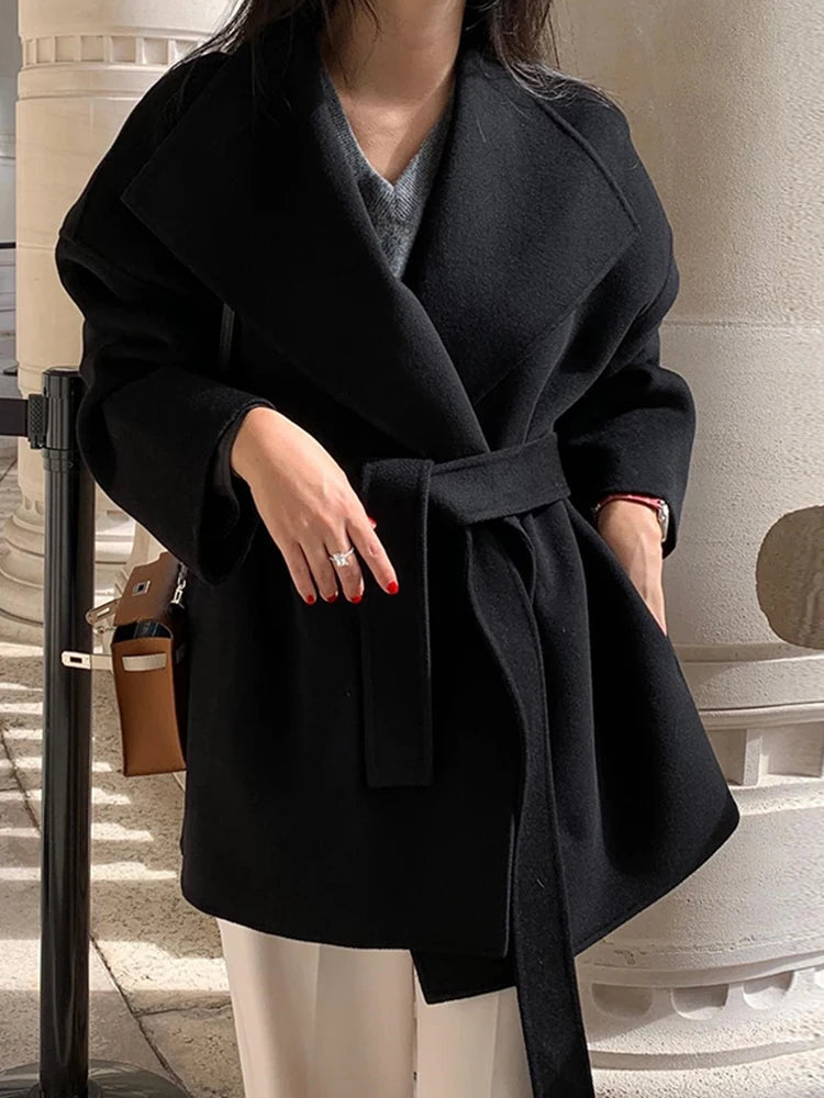 [EWQ] Khaki Fashion Woolen Coat With Belt Women Long Sleeve Elegant Lapel Wool Jacket Outwears 2025 Autumn Winter New 16U5035