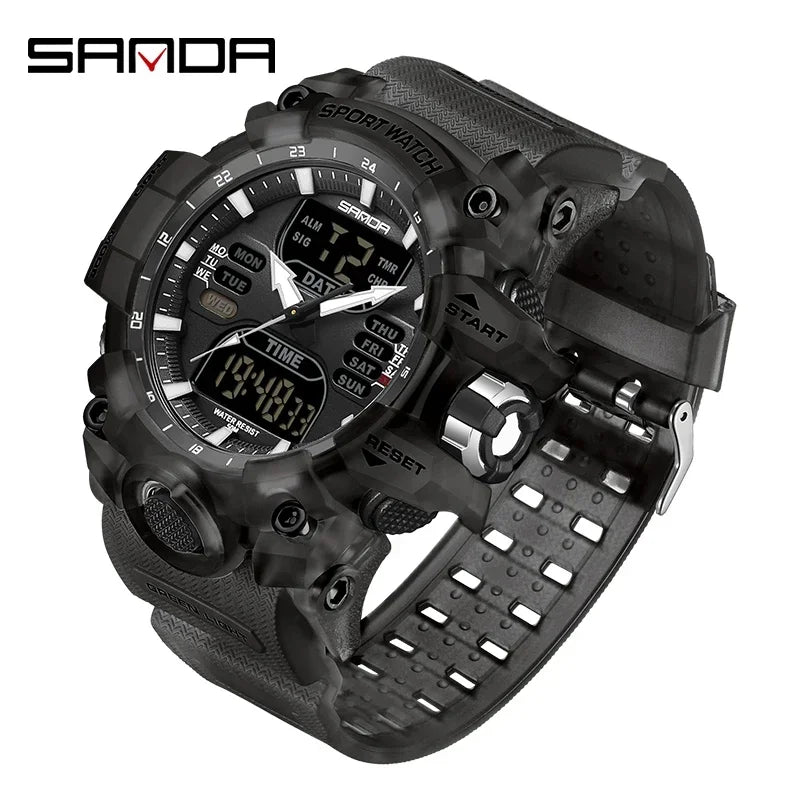 SANDA 6126 Military Man Alarm Stopwatch Quartz Wristwatch Male Digital Clock  Dual Display Men Watches Waterproof Sports Watch