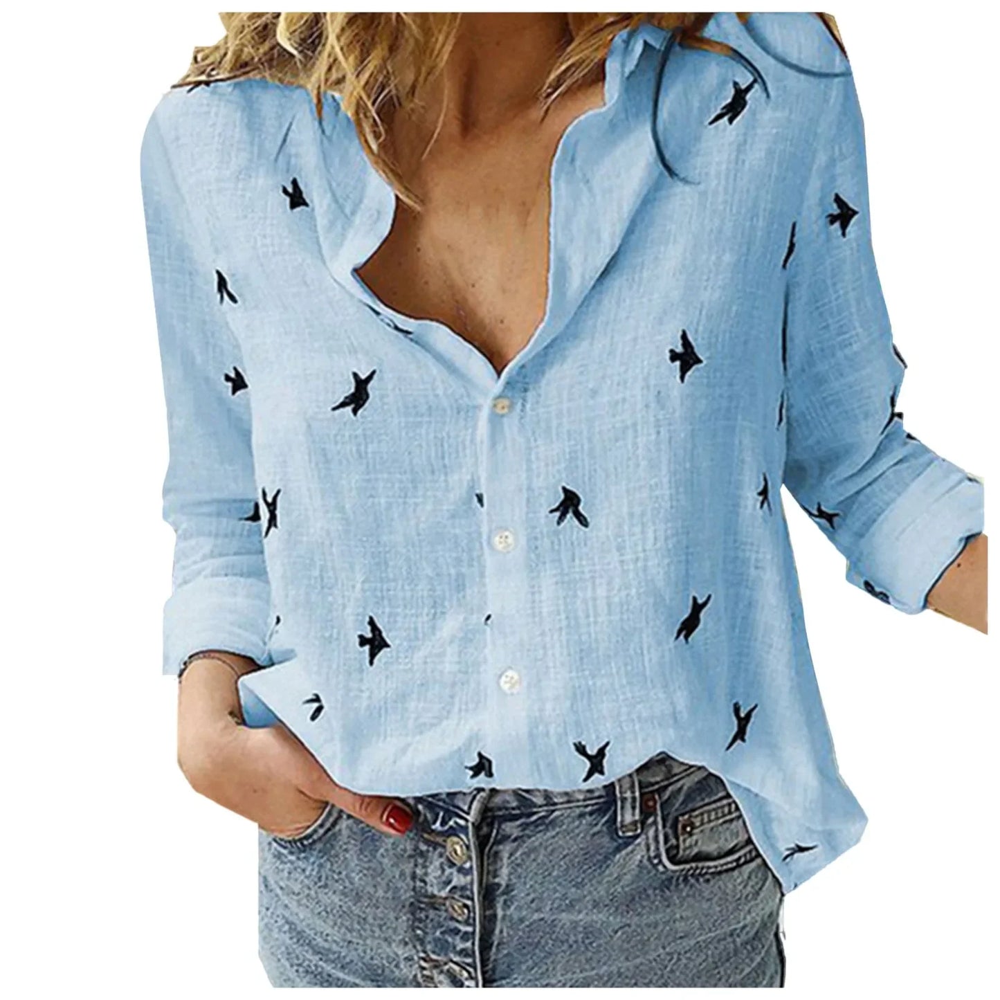 Korean Fashion Blue Pink Lapel Shirt Women'S Summer Thin Cool Cotton Linen Shirt French Elegant V-Neck Long Sleeve Shirt Lady